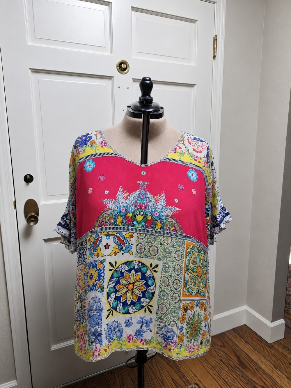 Johnny Was Bright Patchwork V-Neck Tunic in Pink, Blue and Yellow